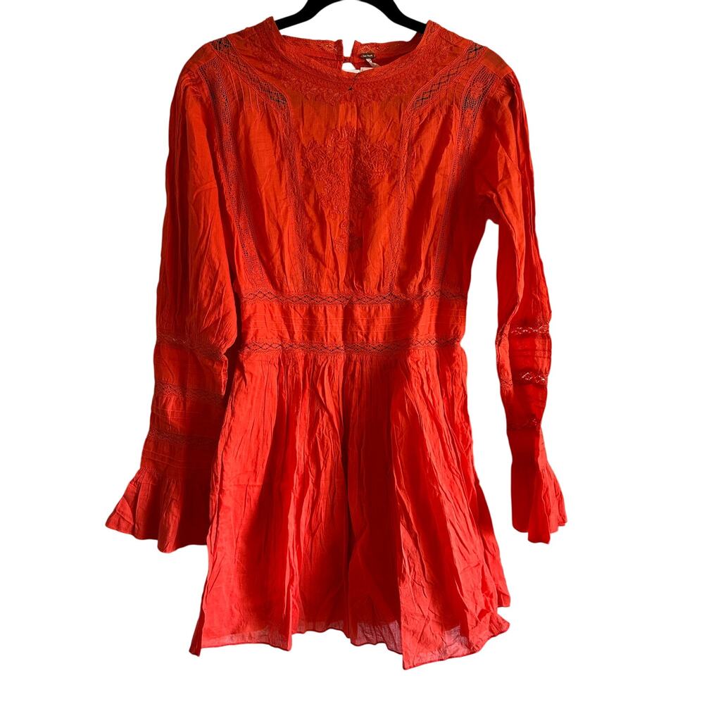 NWT Free People Women’s Embroidered Lace Boho Bell-sleeve Mini Dress Size 8
